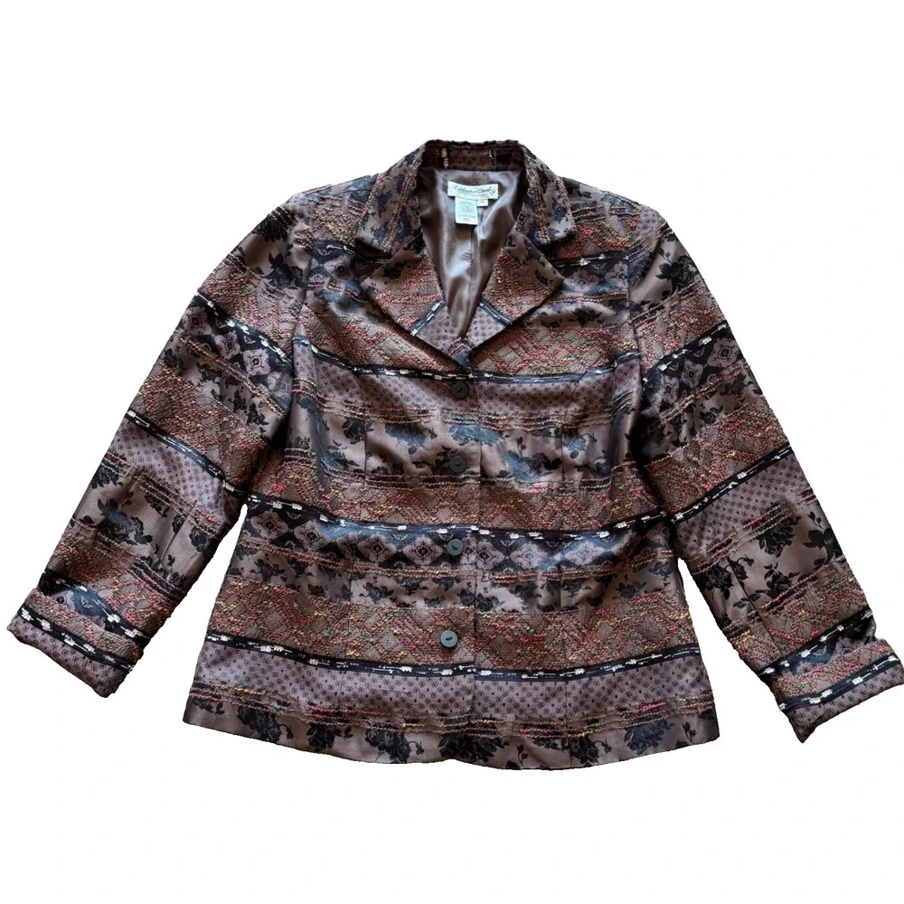 Coldwater Creek Womens Medium Brown Tapestry Blazer Jacket‎ Floral Geometric